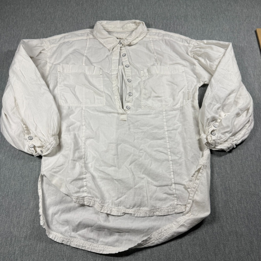 We The Free Shirt Womens Large White Button Front High Low Hem Gauze Blouse